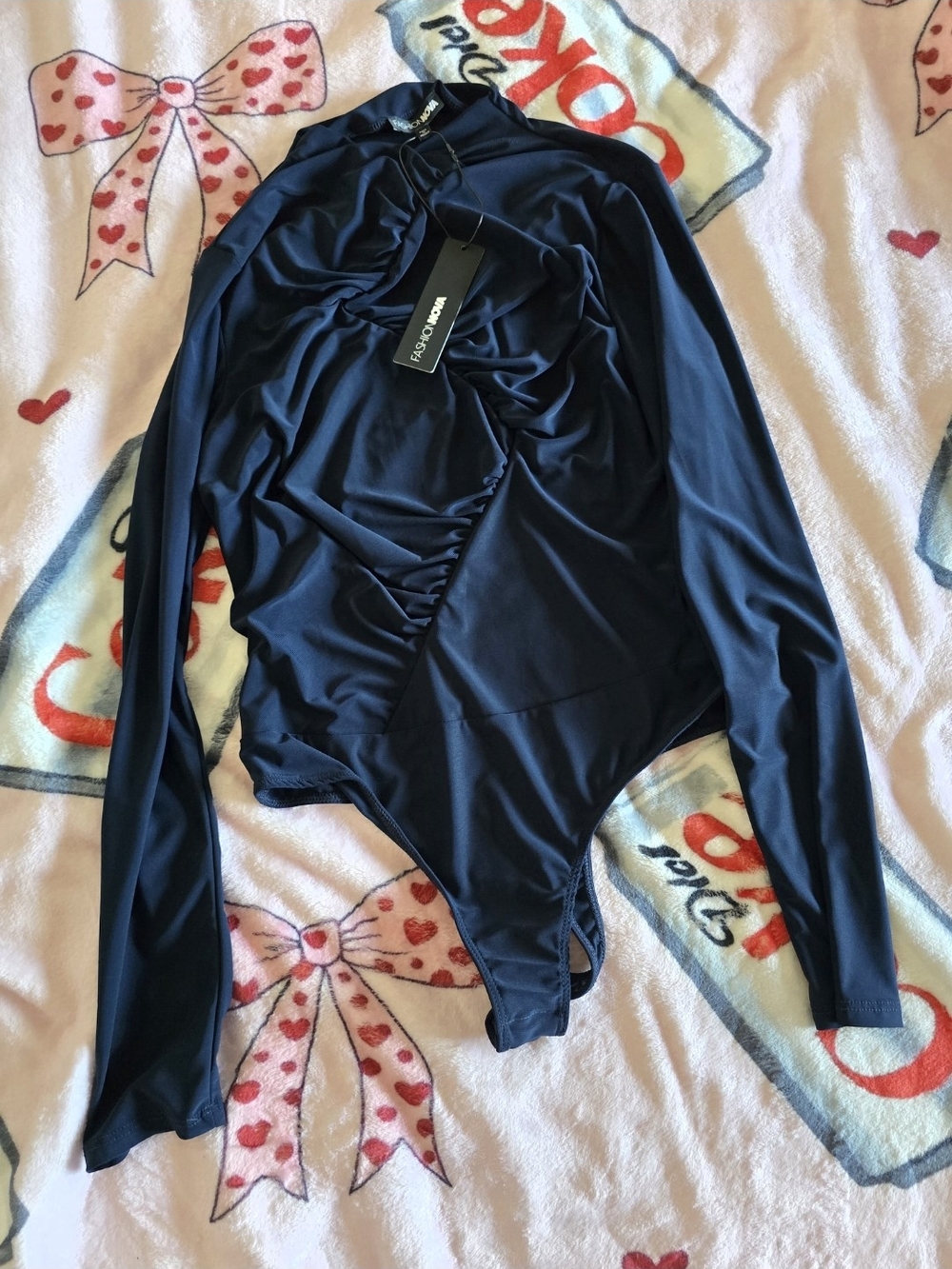 Fashion Nova Black Long-Sleeve Ruched Bodysuit